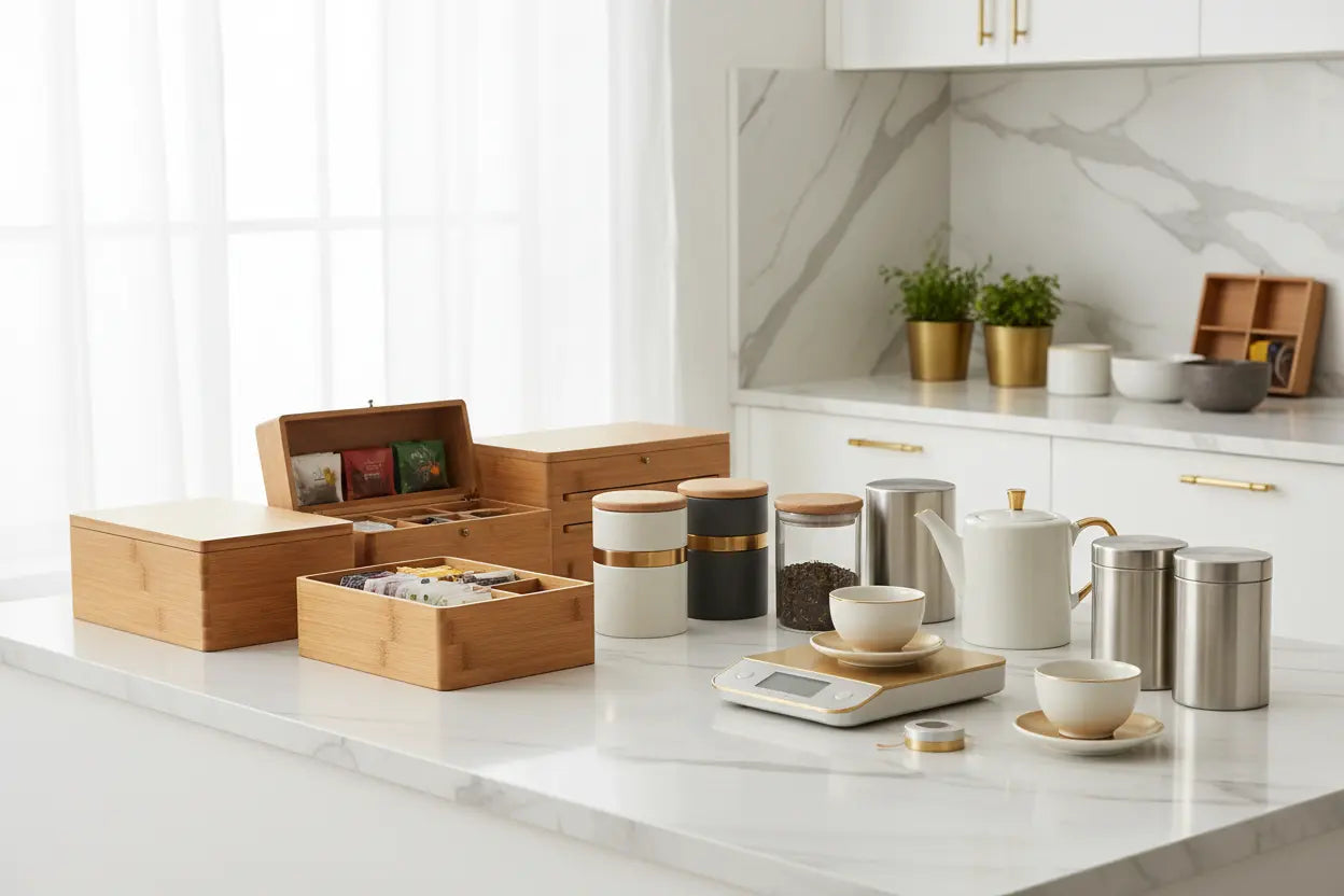 Boîtes à Thé en Bambou / Boîtes à Thé en Céramique &amp; verre /&nbsp; Boite à thé inox /Solutions de Rangement /Ustensiles de Préparation