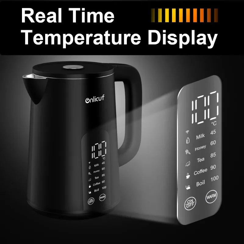 Bouilloire électrique intelligente Tuya 1,7 L (2025), avec isolation thermique, contrôle via smartphone et affichage, certifiée CE CB.