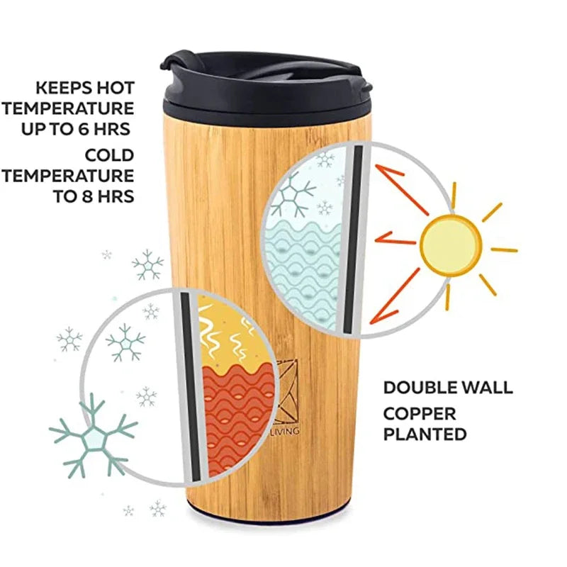 Mug en bambou 450 ml, bouteille isotherme en acier inoxydable avec couvercle à clapet...