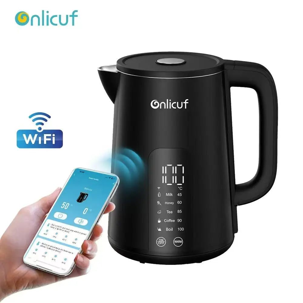 Bouilloire électrique intelligente Tuya 1,7 L (2025), avec isolation thermique, contrôle via smartphone et affichage, certifiée CE CB.