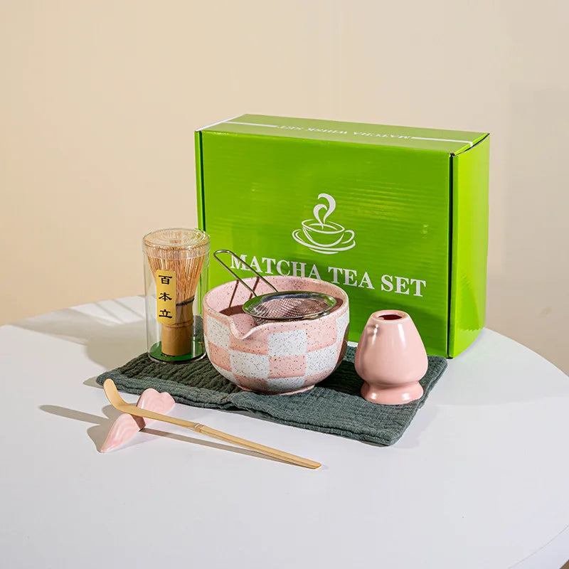 Set Matcha Japonais 7 Pièces | Céramique Glacée Design Damier & Accessoires Bambou - ThéZen Pro ThéZen Pro