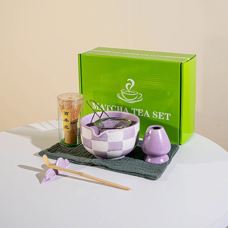 Set Matcha Japonais 7 Pièces | Céramique Glacée Design Damier & Accessoires Bambou - ThéZen Pro ThéZen Pro
