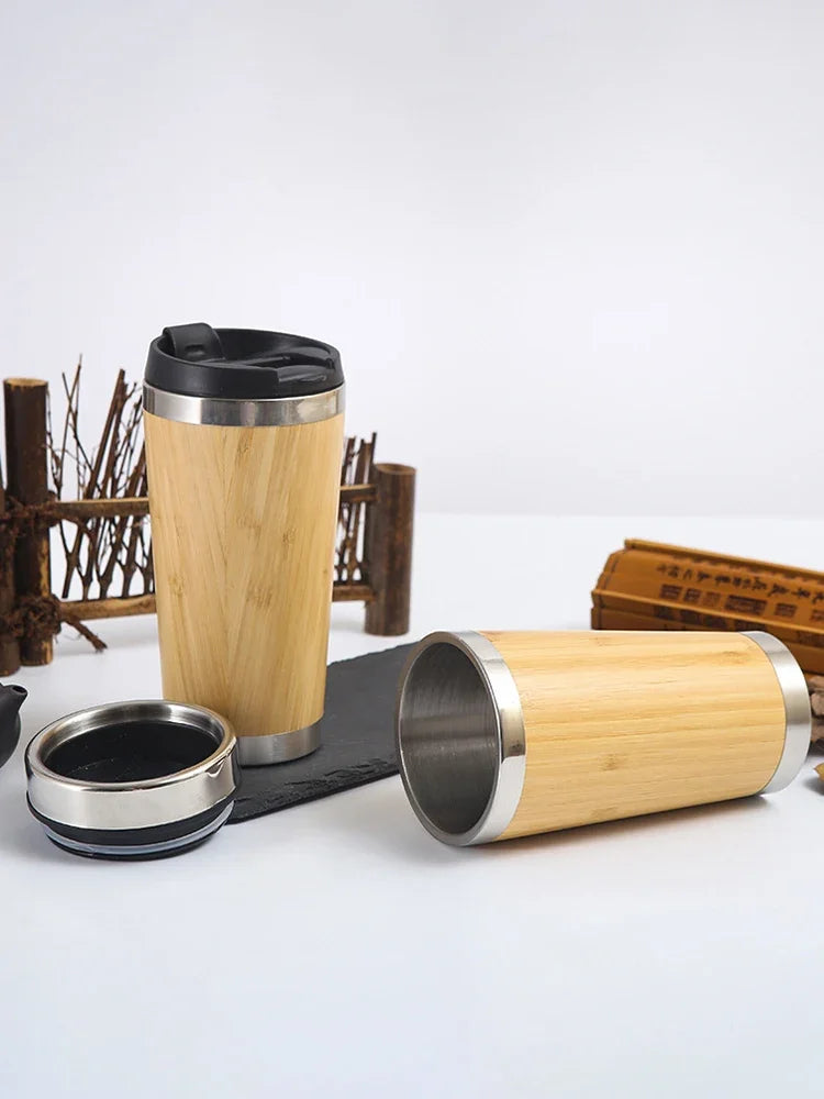 Mug en bambou 450 ml, bouteille isotherme en acier inoxydable avec couvercle à clapet...