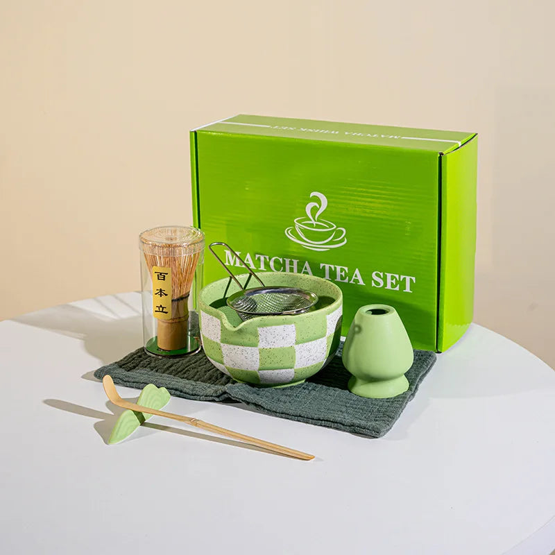 Set Matcha Japonais 7 Pièces | Céramique Glacée Design Damier & Accessoires Bambou - ThéZen Pro ThéZen Pro