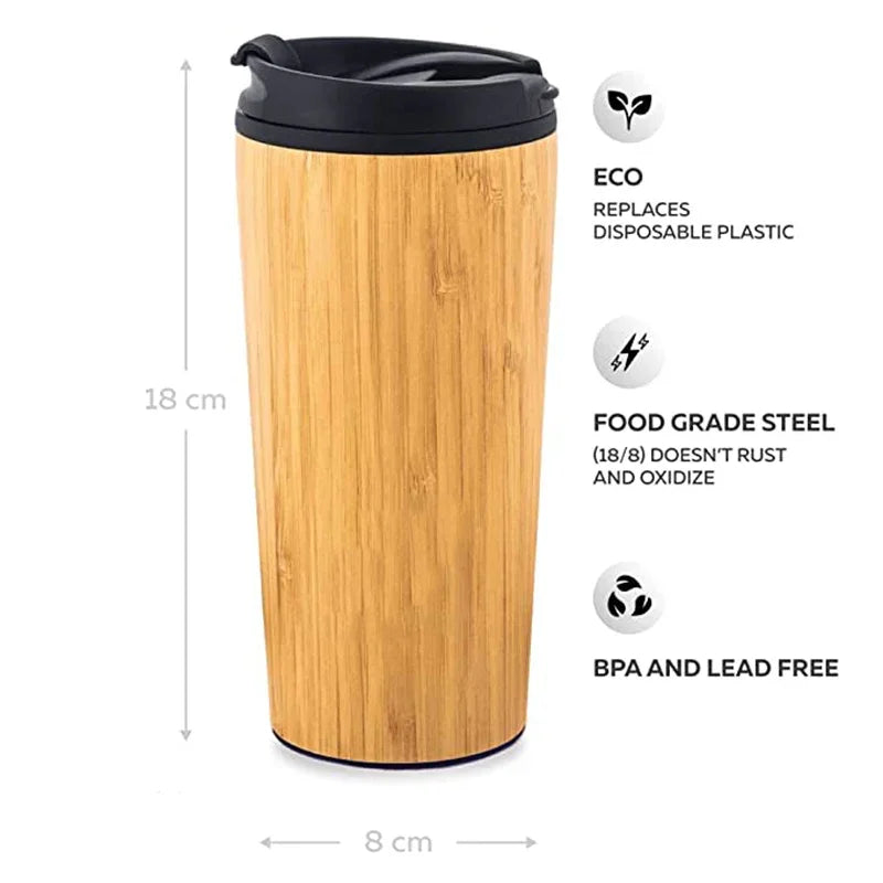 Mug en bambou 450 ml, bouteille isotherme en acier inoxydable avec couvercle à clapet...