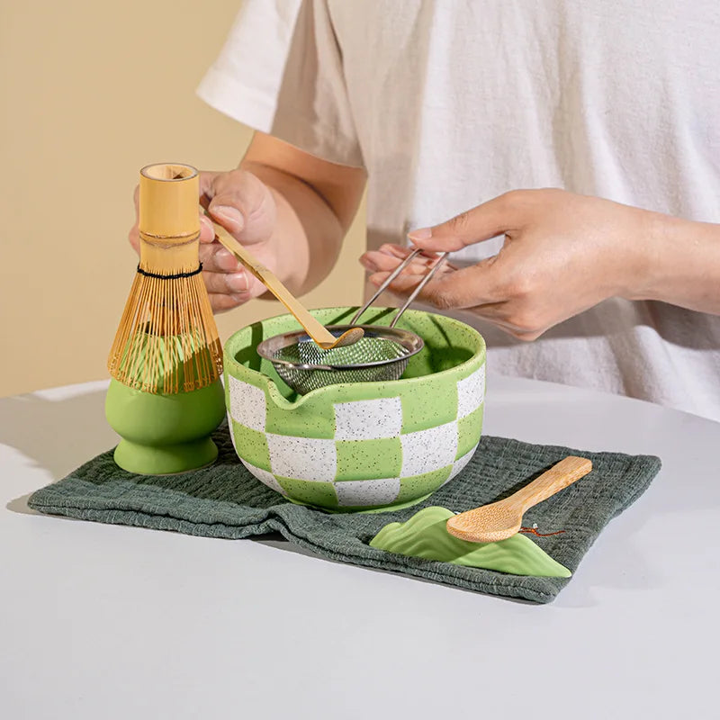 Set Matcha Japonais 7 Pièces | Céramique Glacée Design Damier & Accessoires Bambou - ThéZen Pro ThéZen Pro