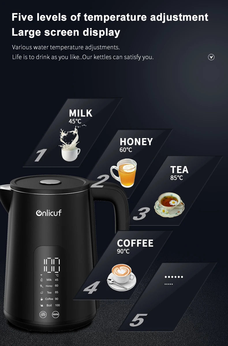 Bouilloire électrique intelligente Tuya 1,7 L (2025), avec isolation thermique, contrôle via smartphone et affichage, certifiée CE CB.