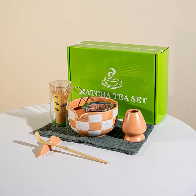 Set Matcha Japonais 7 Pièces | Céramique Glacée Design Damier & Accessoires Bambou - ThéZen Pro ThéZen Pro