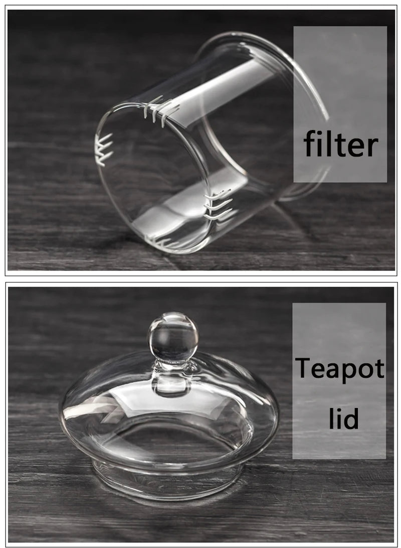 Théière en verre transparent de 400 ml avec infuseur, compatible avec les plaques de cuisson. Résistante à la chaleur.
