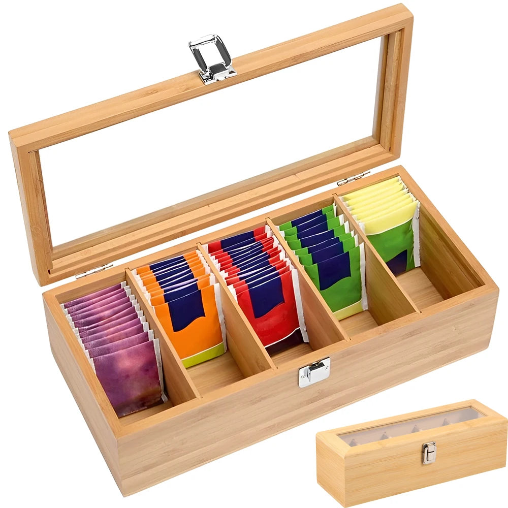 Boîte de rangement portable en bambou pour sachets de thé, avec 5 compartiments, idéale pour la maison, le bureau...