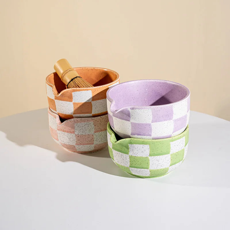 Set Matcha Japonais 7 Pièces | Céramique Glacée Design Damier & Accessoires Bambou - ThéZen Pro ThéZen Pro