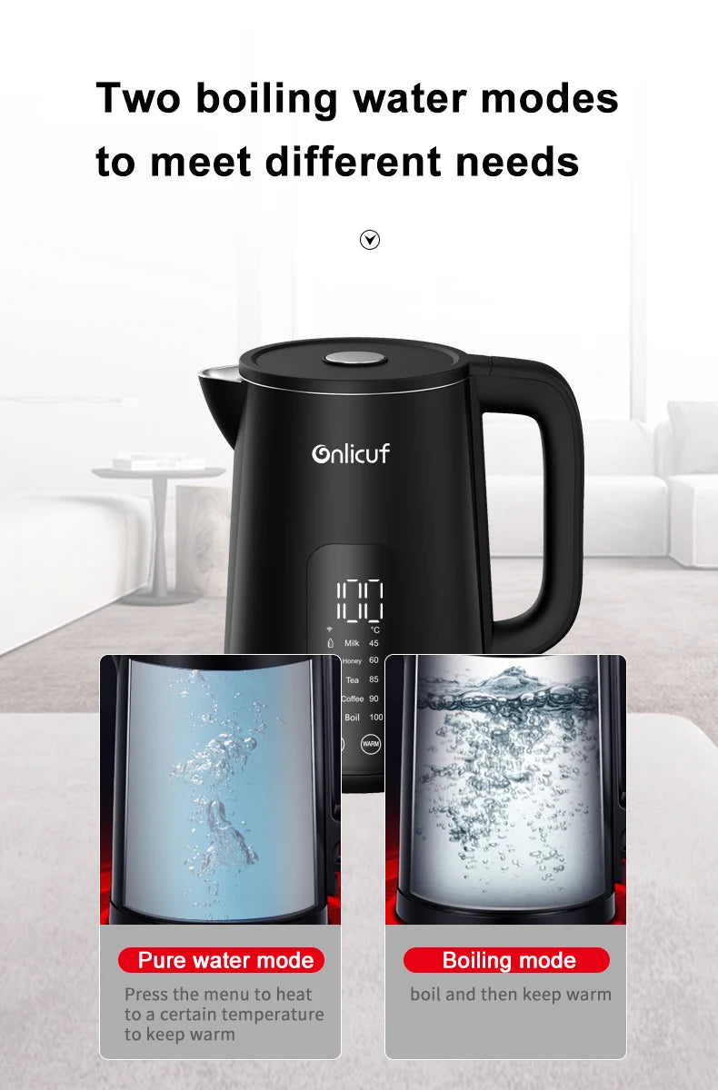 Bouilloire électrique intelligente Tuya 1,7 L (2025), avec isolation thermique, contrôle via smartphone et affichage, certifiée CE CB.