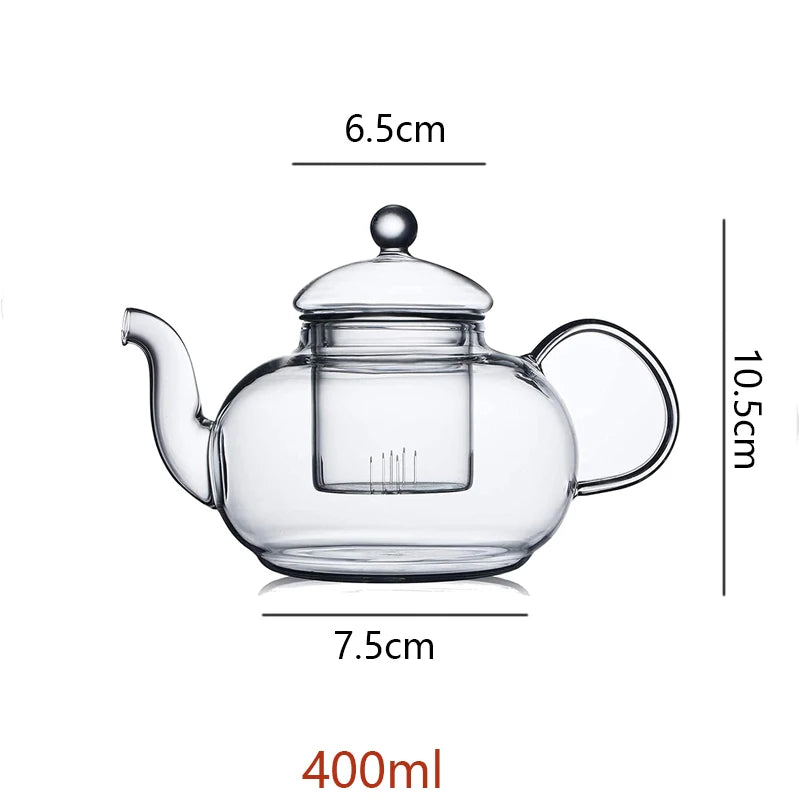 Théière en verre transparent de 400 ml avec infuseur, compatible avec les plaques de cuisson. Résistante à la chaleur.