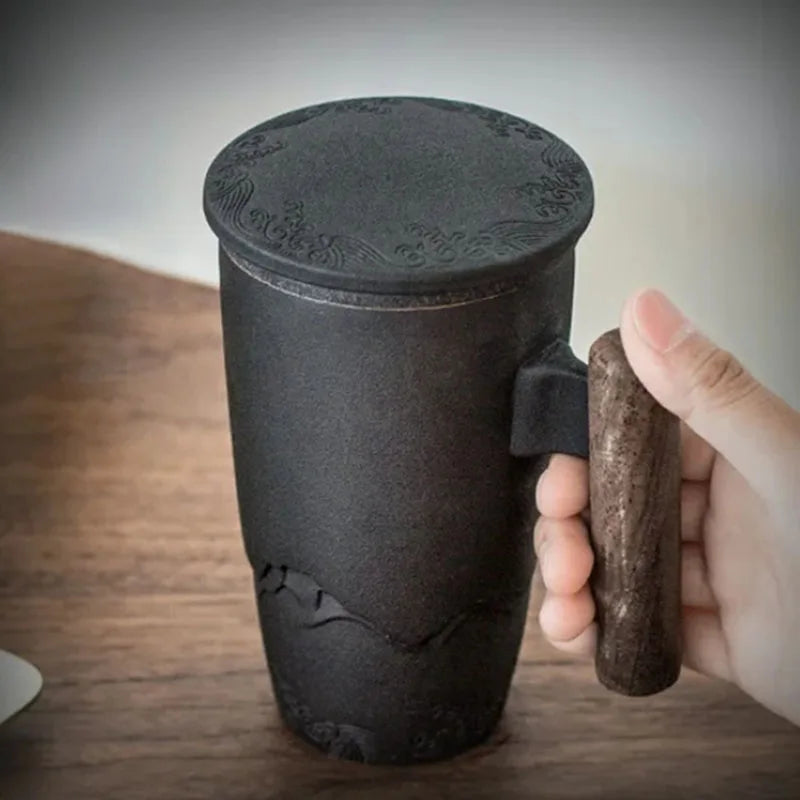 Mug Thé Céramique Rétro | 350ml Passoire Intégrée Couvercle Bois ThéZen-Pro