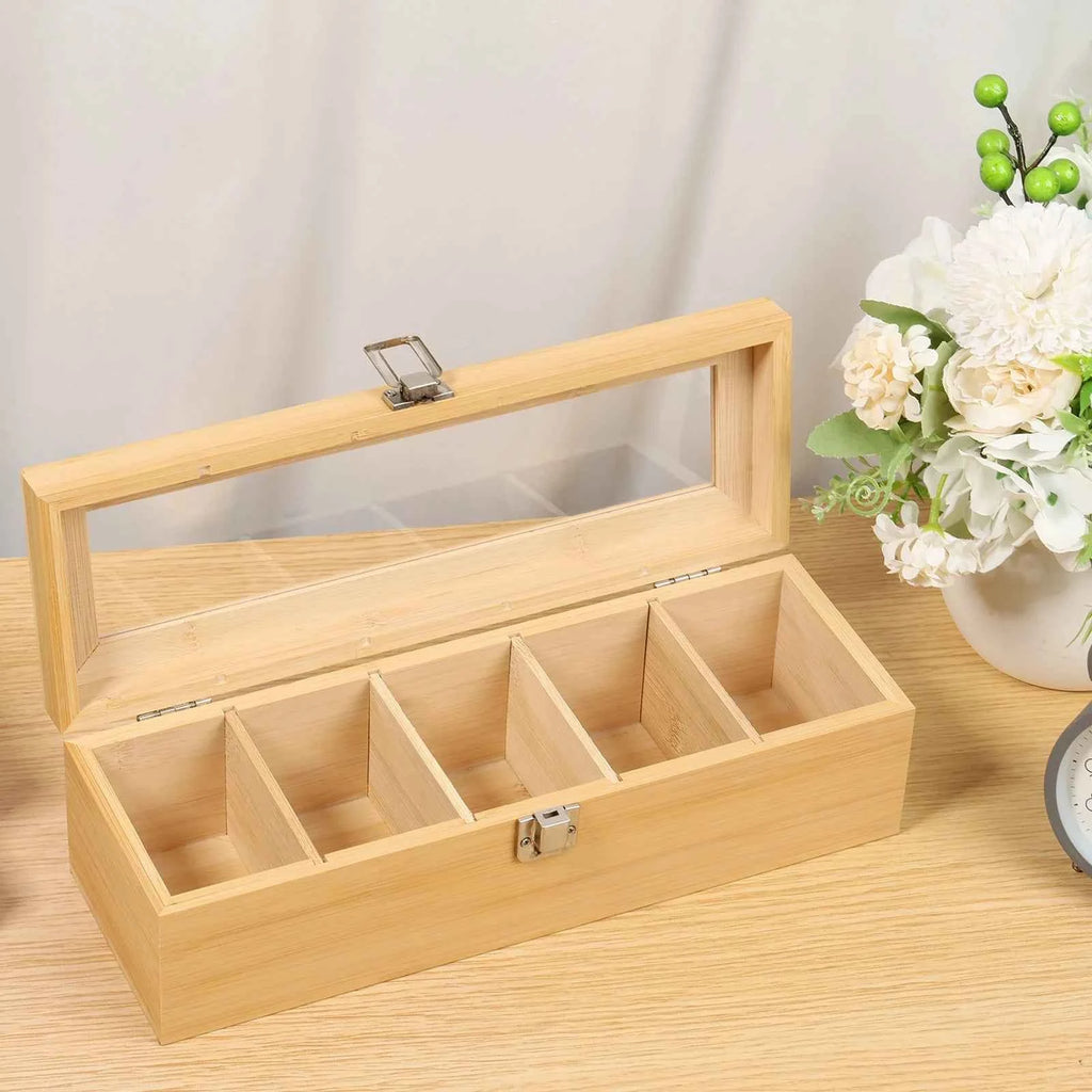 Boîte à Thé en Bambou Naturel | 5 Compartiments & Couvercle Transparent - ThéZen Pro