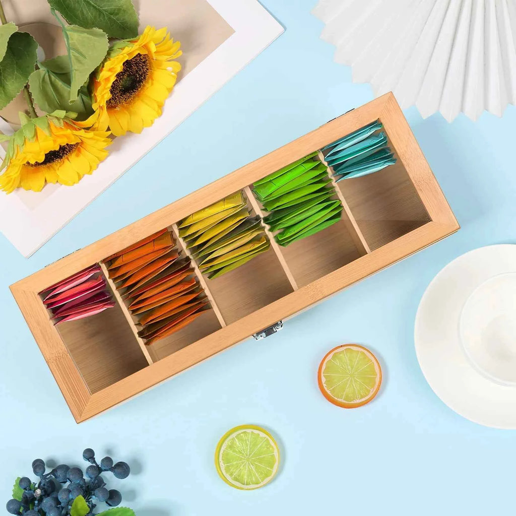 Boîte à Thé en Bambou Naturel | 5 Compartiments & Couvercle Transparent - ThéZen Pro