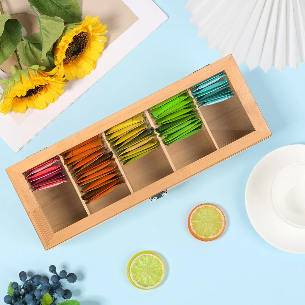 Boîte Thé Bamboo 5 Compartiments | Transparente Hermétique Rangement ThéZen-Pro