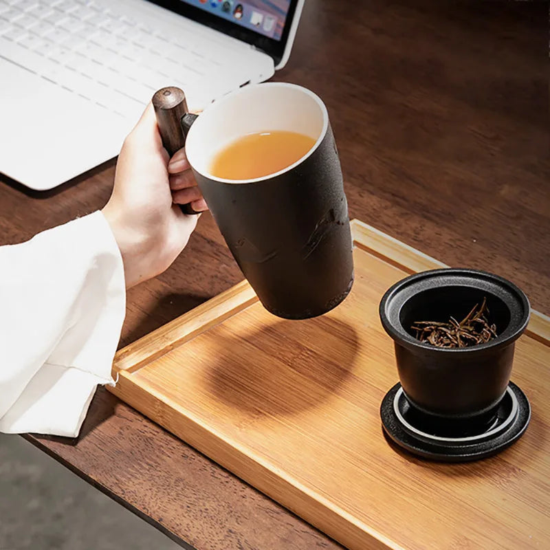 Mug Thé en Céramique Rétro 350ml | Infuseur Inox & Couvercle Bois Massif - ThéZen Pro ThéZen Pro