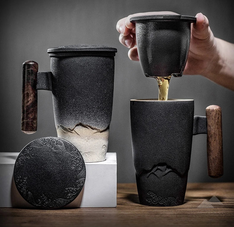 Mug Thé en Céramique Rétro 350ml | Infuseur Inox & Couvercle Bois Massif - ThéZen Pro ThéZen Pro