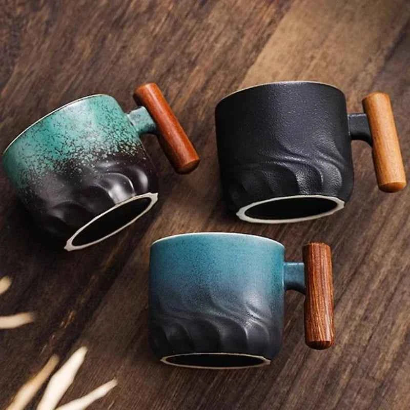 Tasses Vintage Artisanales en Céramique | Anse en Bois Naturel & Finition Mate - ThéZen Pro